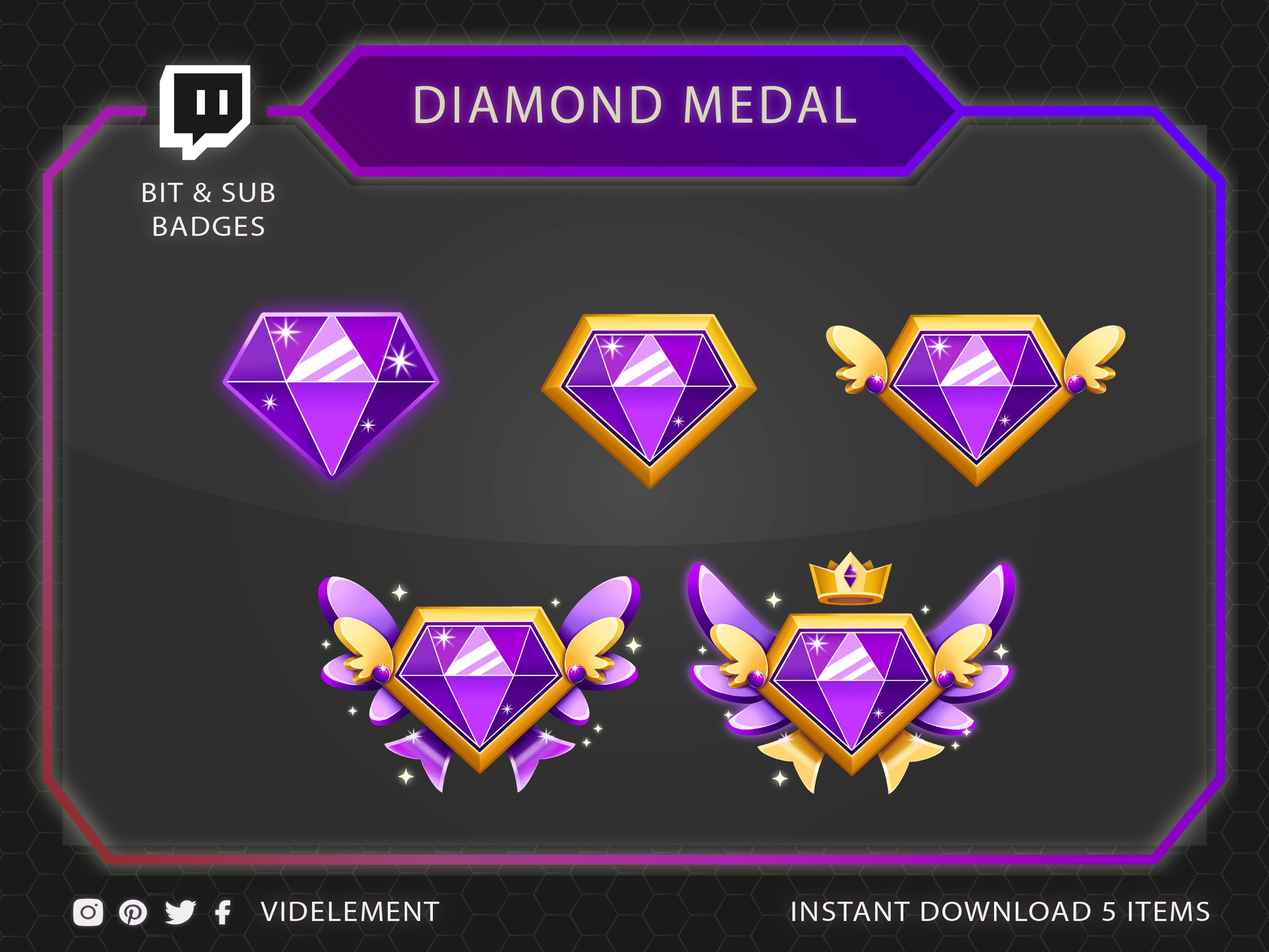 Diamond Sub Badges - 6 x Shiny Twitch Sub Badges with Photoshop Files