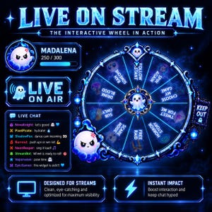 May include: A digital streaming overlay featuring a dark blue theme with glowing ghost characters. It includes a spinning wheel with text options, a live chat box with user messages, a progress bar for Madalena, and text reading LIVE ON STREAM.