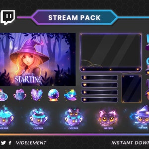 以下が含まれることがあります： 魔女をテーマにした、紫と青のTwitchストリームパック。パックには、開始画面、ウェブカメラオーバーレイ、チャットボックス、アラート、絵文字が含まれています。絵文字には、魔女、猫、ポーションが描かれています。