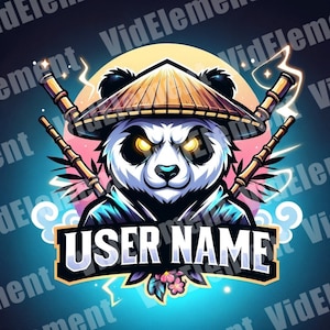 Peut inclure: Un panda de dessin animé portant un chapeau de paille et tenant deux bâtons de bambou. Le panda a les yeux en colère et une expression féroce. Le texte "USER NAME" est écrit sur une bannière dorée sous le panda.