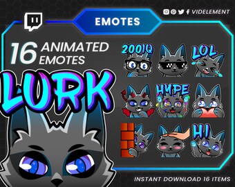 May include: A set of 16 animated Twitch emotes featuring a gray wolf character with different expressions. The emotes include "200IQ", "LOL", "Hype", "Hi", and more. The emotes are designed in a cartoon style with bright colors and bold outlines.