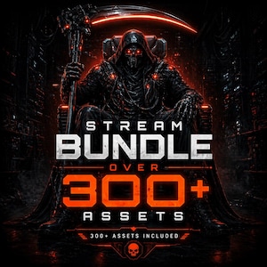 May include: A digital art image of a grim reaper figure seated on a throne, holding a scythe. The image has a dark, gothic theme with the words "STREAM BUNDLE OVER 300+ ASSETS" in bold text. The color scheme is primarily black and orange.