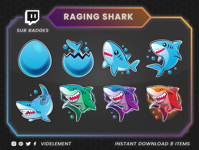 May include: A set of eight Twitch sub badges featuring a cartoon shark in various poses and colors. The badges include a blue egg, a shark hatching from an egg, a blue shark, a green shark, a purple shark, a red shark, a blue shark with lightning bolts, and a blue shark with lightning bolts and a white outline.