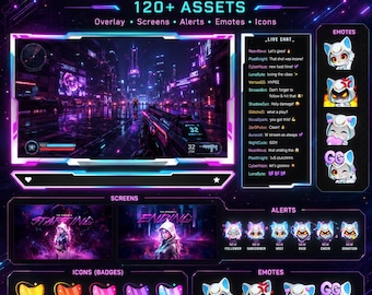 Cyber Cat Stream Package: Animated Overlays, Emotes, Panels, Sub Badges | Neon Anime Twitch Overlay | Mecha Feline Pack (Digital Download)