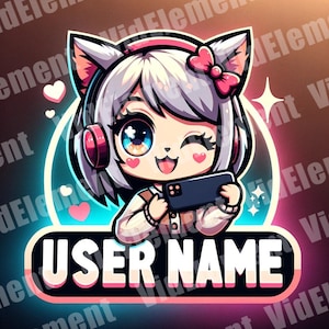 May include: A cartoon illustration of a girl with white hair, wearing pink headphones and a pink bow, holding a smartphone. The background is a blue and pink gradient with hearts and stars. The text "USER NAME" is displayed in a pink and white banner.