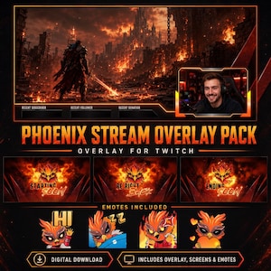 Op de afbeelding: Een digitaal downloadbaar grafisch pakket voor Twitch-streamers. Het ontwerp heeft een vurige feniks-thema met een dark fantasy-achtergrond. Inclusief overlay-schermen, emotes en een startscherm. De tekst luidt "Phoenix Stream Overlay Pack".