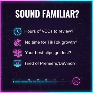 K&ouml;nnte beinhalten: Digitale Grafik mit dunklem Hintergrund und neonfarbenem rosa-blauem Rand. Der Text "SOUND FAMILIAR?" steht oben. Darunter Fragen zur Videobearbeitung, mit einem Fortschrittsbalken und einem traurigen Gesichts-Symbol unten.