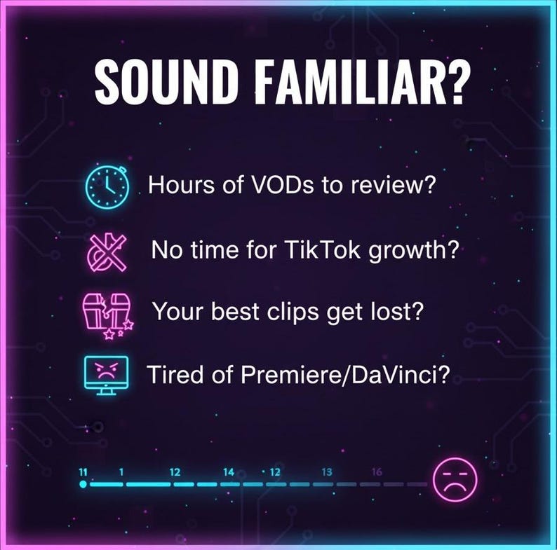K&ouml;nnte beinhalten: Digitale Grafik mit dunklem Hintergrund und neonfarbenem rosa-blauem Rand. Der Text "SOUND FAMILIAR?" steht oben. Darunter Fragen zur Videobearbeitung, mit einem Fortschrittsbalken und einem traurigen Gesichts-Symbol unten.