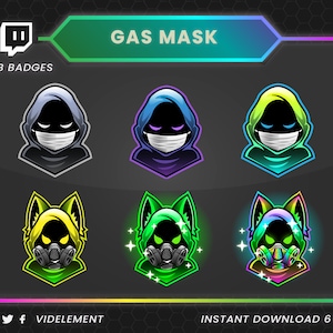 Twitch sub badges, hooded sub badges, sub badges Twitch, neon sub badges, mask sub badges, Twitch bit badges, gas sub badges, digital art