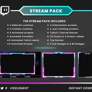 May include: A digital stream pack graphic with a black background and teal and pink accents. The text reads "STREAM PACK" and lists included items like webcam overlays, animated screens, and Twitch alerts. The bottom right corner says "INSTANT DOWNLOAD".