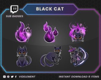 May include: Six Twitch sub badges featuring a black cat with purple flames and a witch hat. The text "SUB BADGES" and "BLACK CAT" are at the top of the image. The text "INSTANT DOWNLOAD 6 ITEMS" is at the bottom of the image.