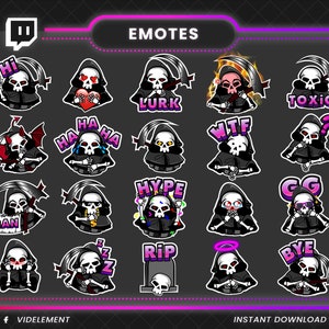 Twitch emotes, twitch sub emotes, discord emote, text emotes, shinigami emotes, skull text emotes, skull twitch emotes, ban emote, wtf emote