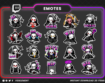 Twitch emotes, twitch sub emotes, discord emote, text emotes, shinigami emotes, skull text emotes, skull twitch emotes, ban emote, wtf emote