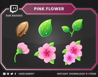 May include: A set of six Twitch sub badges featuring pink flowers, green leaves, and a brown seed. The badges are designed in a cartoon style with a sparkly effect. The text "PINK FLOWER" is displayed at the top of the image.