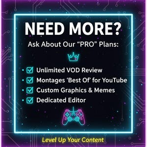 K&ouml;nnte beinhalten: Eine digitale Grafik mit einem neonblauen und violetten Farbschema. Der Text "NEED MORE?" steht oben, gefolgt von einer Liste von Dienstleistungen, darunter VOD-&Uuml;berpr&uuml;fung und benutzerdefinierte Grafiken. Eine Controller-Grafik befindet sich unten.
