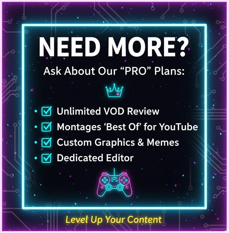 K&ouml;nnte beinhalten: Eine digitale Grafik mit einem neonblauen und violetten Farbschema. Der Text "NEED MORE?" steht oben, gefolgt von einer Liste von Dienstleistungen, darunter VOD-&Uuml;berpr&uuml;fung und benutzerdefinierte Grafiken. Eine Controller-Grafik befindet sich unten.