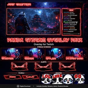Pack de diffusion Ninja Panda – Emotes animés Twitch, superposition et panneaux de diffusion