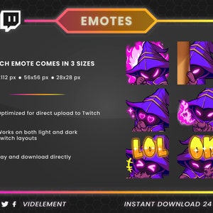 May include: A set of 24 Twitch emotes featuring a purple-clad wizard with different expressions and text overlays. The emotes come in three sizes: 112x112 pixels, 56x56 pixels, and 28x28 pixels. The emotes are optimized for direct upload to Twitch and work on both light and dark layouts.