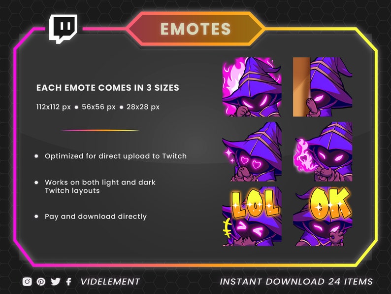 May include: A set of 24 Twitch emotes featuring a purple-clad wizard with different expressions and text overlays. The emotes come in three sizes: 112x112 pixels, 56x56 pixels, and 28x28 pixels. The emotes are optimized for direct upload to Twitch and work on both light and dark layouts.