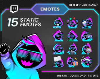 Neon Nightrider: Twitch Emotes Collection - Futuristic Character with Purple Glasses & Hood
