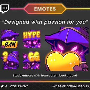 May include: A set of Twitch emotes featuring a purple character with a pointed hat and different expressions. The emotes include "Hype", "Ban", "?", and "GG". The emotes are designed with a transparent background.
