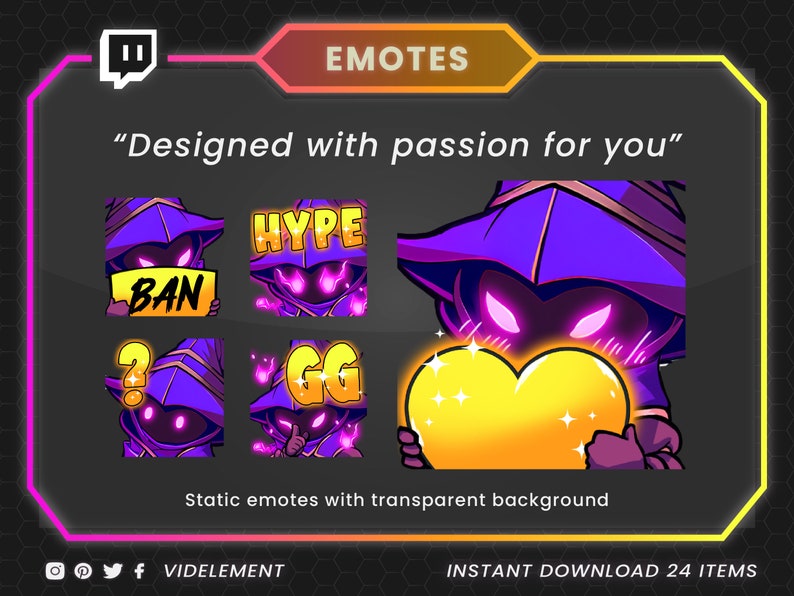 May include: A set of Twitch emotes featuring a purple character with a pointed hat and different expressions. The emotes include "Hype", "Ban", "?", and "GG". The emotes are designed with a transparent background.