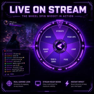 Peut inclure: Un widget de roue de tirage numérique violet pour le streaming en direct, avec des segments étiquetés HYDRATE, PUSH UPS, JUMP, POSE, SING A SONG, DANCE CAM et WEIRD. L'interface inclut un chat en direct, un profil et le texte LIVE ON STREAM.