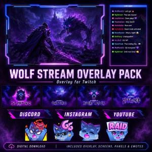 May include: A digital download pack for Twitch stream overlays. The design features a dark fantasy theme with a wolf and warrior illustration in shades of purple and blue. Includes screens, panels, and emotes.