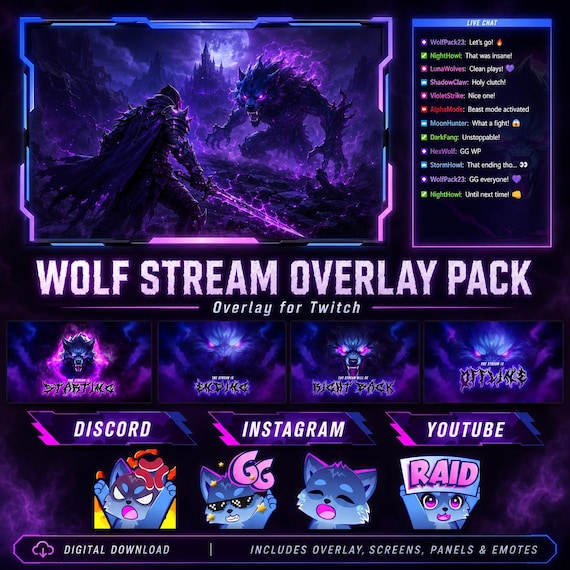 Animated Twitch Overlay Stream Pack , Custom Emotes, Panels, Alerts, Badges, Widgets for Gaming Streaming VTuber, Model Wolf, Anime Purple