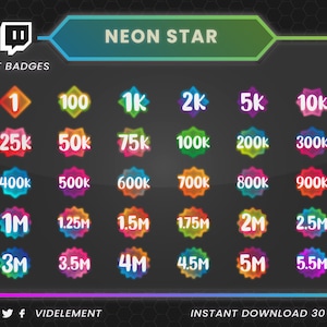 Twitch bit badges, neon bit badges, Twitch star badges, Twitch sub badges, number bit badges, cute bit badges, bit badges Twitch