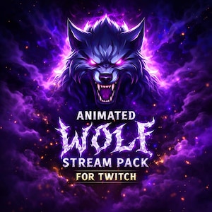 May include: An animated digital illustration of a wolf's head with glowing purple eyes and bared teeth, set against a swirling purple and blue nebula background. The text reads "ANIMATED WOLF STREAM PACK FOR TWITCH."