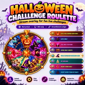 Op de afbeelding: Een Halloween Challenge Roulette stream overlay afbeelding met een centraal draaiwiel met acht genummerde segmenten, elk met thema-iconen zoals pompoenen, katten, drankjes en schedels, naast een lijst met acht bijbehorende speluitdagingen.