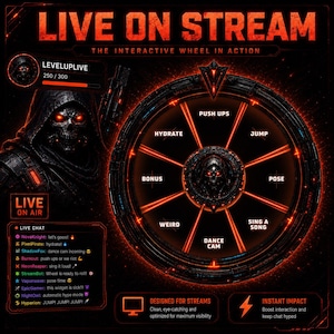 May include: A digital interactive stream wheel graphic featuring a dark, hooded skull character with glowing red eyes. The wheel is divided into segments labelled PUSH UPS, JUMP, POSE, SING A SONG, DANCE CAM, WEIRD, BONUS, and HYDRATE, with text overlays.