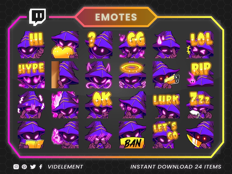 May include: A set of 24 Twitch emotes featuring a purple-clad wizard with various expressions and text overlays. The emotes include "Hi", "Hype", "GG", "LOL", "RIP", "OK", "Lurk", "Zzz", "Let's Go", and "Ban".