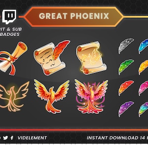 Phoenix sub-badges, veren bit-badges, sub-badge twitch, twitch-badge, sub-badge twitch, magische sub-badge, twitch-bit-badge, sub-badge boek