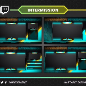 May include: A digital streaming overlay set featuring four distinct layouts with a dark background, cyan and orange accents, and the text INTERMISSION. The designs include rectangular frames for video feeds, chat boxes, and labels for recent donations.