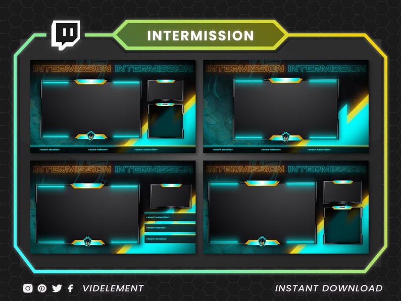 May include: A digital streaming overlay set featuring four distinct layouts with a dark background, cyan and orange accents, and the text INTERMISSION. The designs include rectangular frames for video feeds, chat boxes, and labels for recent donations.