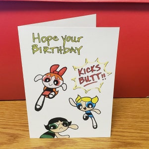 Powerpuff girls birthday, 5x7 folded greeting card, kids birthday card, handmade greeting, cartoon art, daughters birthday, birthday girl