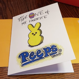 Peeps Easter bunny, Easter card, 5x7 folded greeting, Easter humor, funny card, for friend, son, daughter, grandchildren, handmade card, art