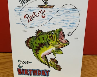 Birthday fishing, 5x7 folded card, likes to fish, dads birthday, brothers birthday, card for friend, happy birthday, bass fish, fish artwork