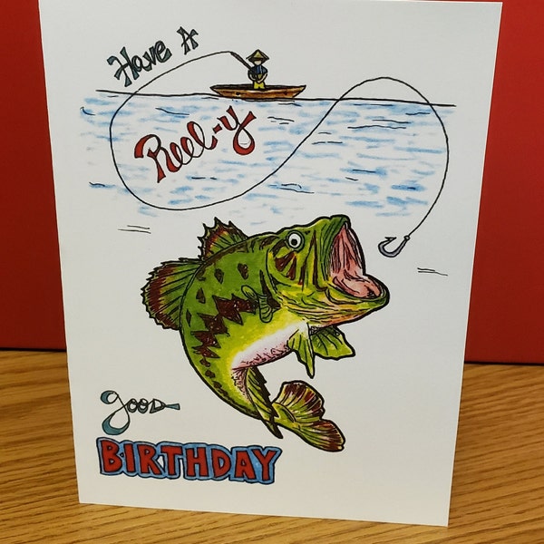 Birthday fishing, 5x7 folded card, likes to fish, dads birthday, brothers birthday, card for friend, happy birthday, bass fish, fish artwork
