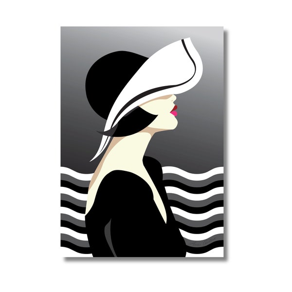 Portrait femme chapeau de profil noir et blanc vagues Fichier impression d'art en téléchargement numérique graphique minimaliste glamour