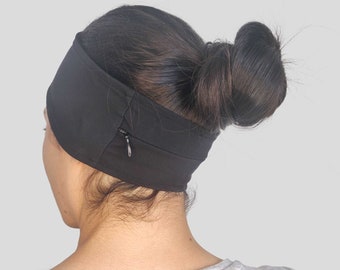 Bandeau de sport avec poche zippée pour course à pied, gym, yoga | Large antidérapant