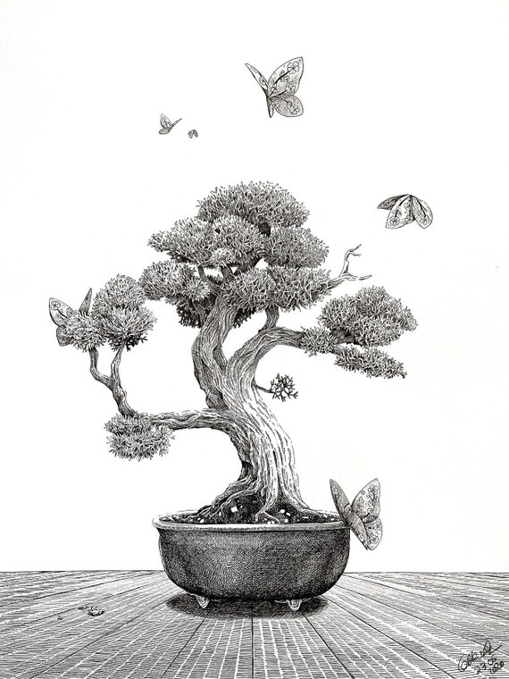 Bonsai & Butterflies – Black and White Art Print 30×40 Cm