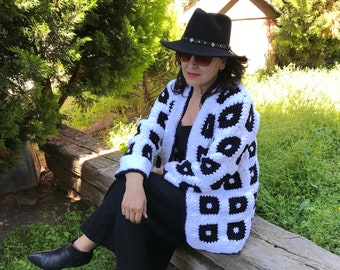 Crochet cardigan puffy fluffy black white koala sweater jacket coat ready to ship product