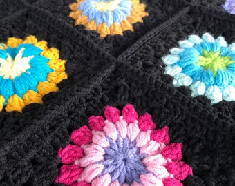 Crochet sunburst flower blanket black blanket /crochet cotton granny square custom made floral rainbow flowers