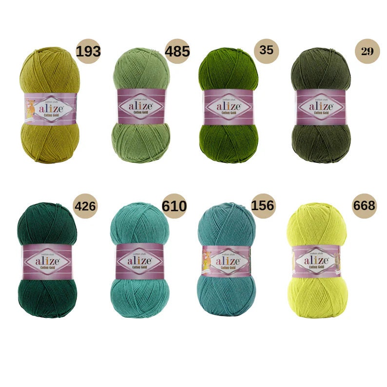 May include: Assortment of ten balls of cotton yarn in various shades of green and yellow. Each ball is labelled "alize cotton gold" and has a corresponding number printed on the label.
