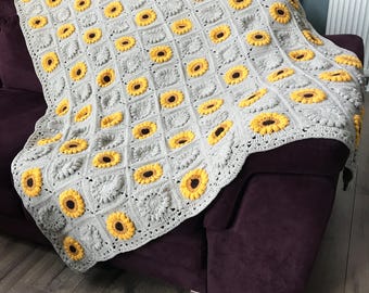 Crochet Sudbury yellow Ammonite grey handmade blanket/ sunflower crochet Afghan throw cotton acrylic high quality lap throw/ soft baby throw