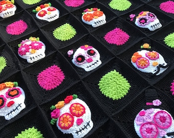 Mexican Sugar Skull Crochet Blanket: Day of the Dead Rainbow Throw