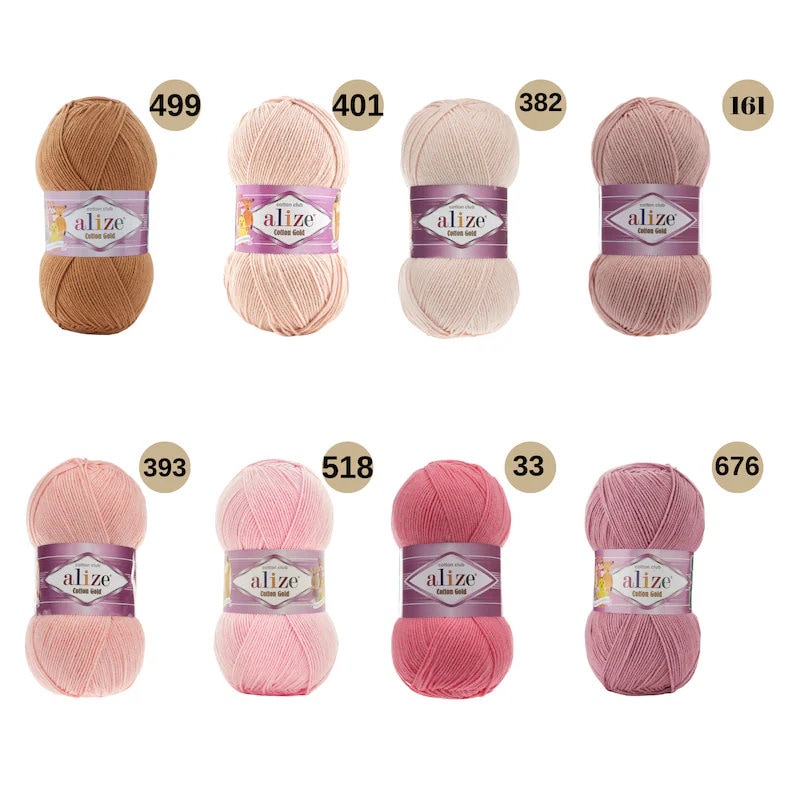 May include: A collection of ten balls of yarn in various shades of pink, peach, and brown. Each ball is labelled "alize" and has a number printed on the label.